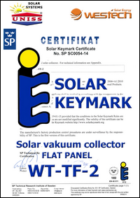 Sertifikat SOLAR KEYMARK - Solarni vakuumski kolektori WesTech Solar WT-TF-2 - Uniss Com Lab,
 Srbija