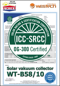 Sertifikat SRCC - OG 100 - Solarni vakuumski kolektori WesTech Solar WT-B58/10 - Uniss Com Lab,
 Srbija