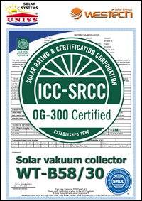 Sertifikat SRCC - OG 100 - Solarni vakuumski kolektori WesTech Solar WT-B58/30 - Uniss Com Lab,
 Srbija