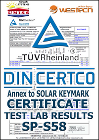 Test Lab DIN CERTCO Institut,
 Nemačka - Solarni vakuumski kolektori WesTech Solar SP-S58 - Uniss Com Lab,
 Srbija