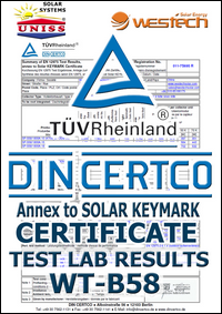 Test Lab DIN CERTCO Institut,
 Nemačka - Solarni vakuumski kolektori WesTech Solar WT-B58 - Uniss Com Lab,
 Srbija