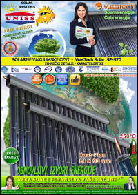 SOLARNE VAKUUMSKE CEVI - Solarni vakuumski kolektori - Solarno grejanje vode,
 kuce,
 bazena - WesTech Solar SP-S70 - Tehnicki detalji - Karakterisike