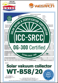 Sertifikat SRCC - OG 100 - Solarni vakuumski kolektori WesTech Solar WT-B58/20 - Uniss Com Lab,
 Srbija