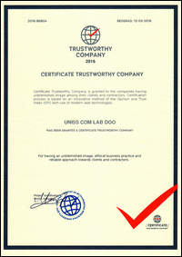 Sertifikati UNISS COM LAB doo Petrovac na Mlavi / Certificate - Trustworthy Company - Firma od poverenja / Obnovljivi izvori energije - Solarni paneli,
 solarni kolektori,
 solarno grejanje vode,
 kuće,
 toplotne pumpe / Solarni sistemi,
 solarna energija