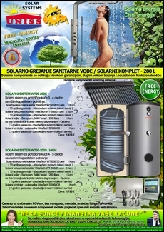 SOLARNO GREJANJE SANITARNE VODE - SOLARNO GREJANJE VODE / Solarni kompleti za toplu vodu - Solarni paneli,
solarni kolektori,
solarni bojleri,
solarni kontroleri - Solarni komplet za toplu vodu 200 Litara - Cena